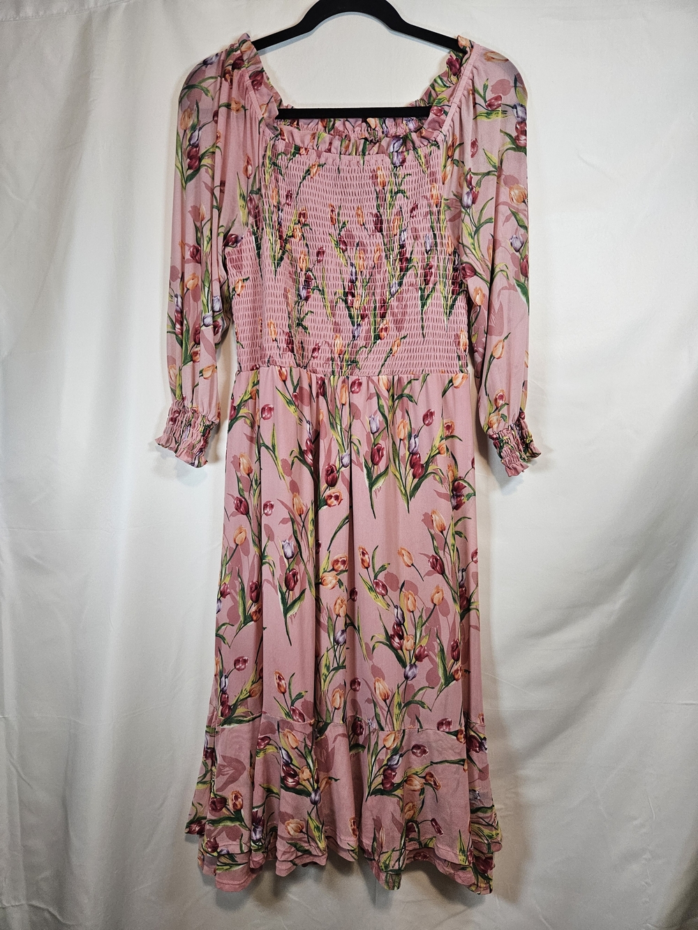 Robert Louis Pink Floral Smocked Midi Dress